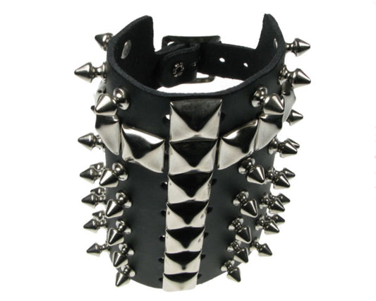 WB358 7 ROW WIDTH, SPIKE AND PYRAMID CHRISTIAN CROSS Leather Wristband - Black