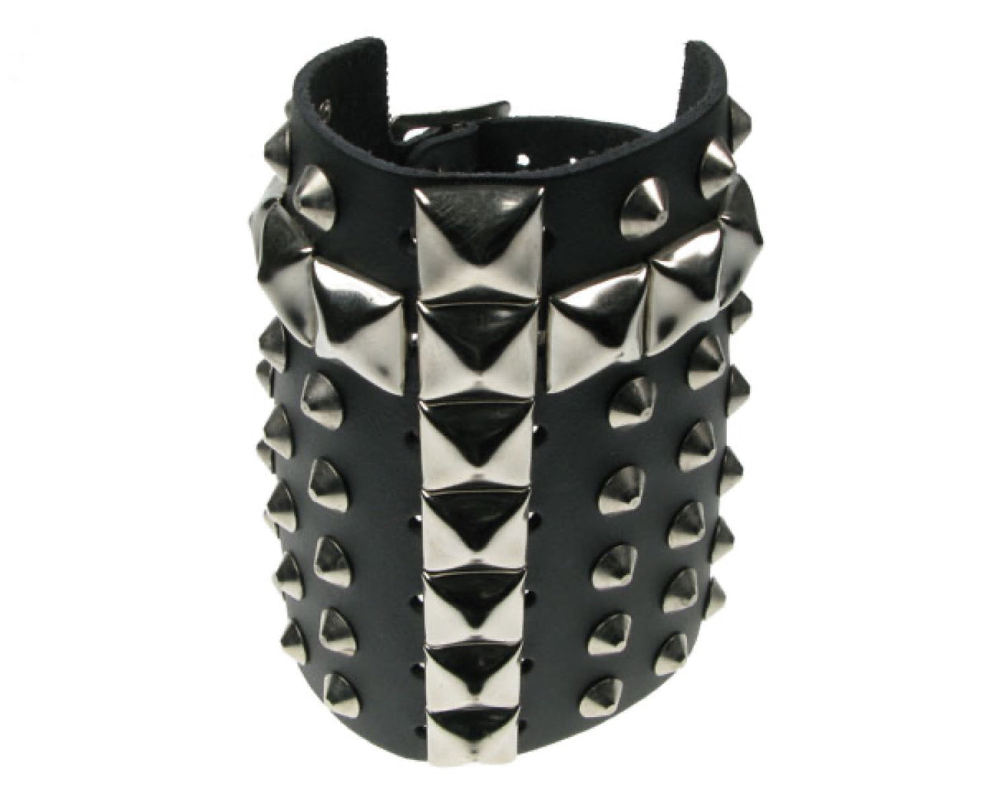 WB359 7 ROW WIDTH, CONICAL AND PYRAMID CHRISTIAN CROSS Leather Wristband - Black