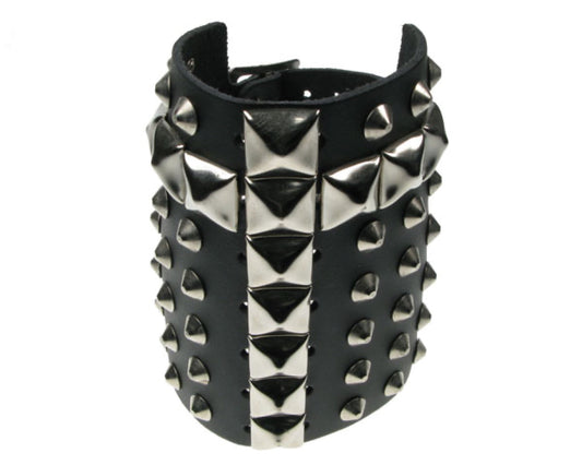 WB359 7 ROW WIDTH, CONICAL AND PYRAMID CHRISTIAN CROSS Leather Wristband - Black