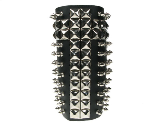 WB361 11 ROW PYRAMID AND W 1 ROW SPIKE ON TOP LEATHER ARMBAND/LEATHER GAUNTLET LEATHER WRISTBAND BLACK