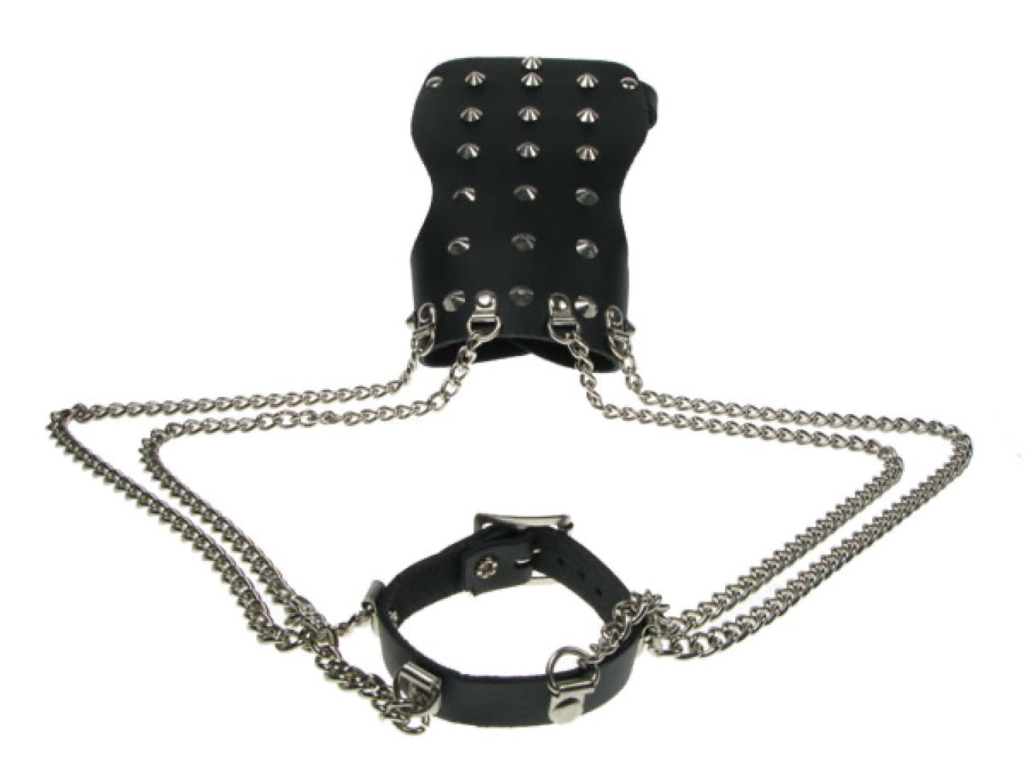 WB367 CONICAL ARM BAND CONNECTED W/ 4 CHAINS TO A WBv - BLACK  Leather Wristband