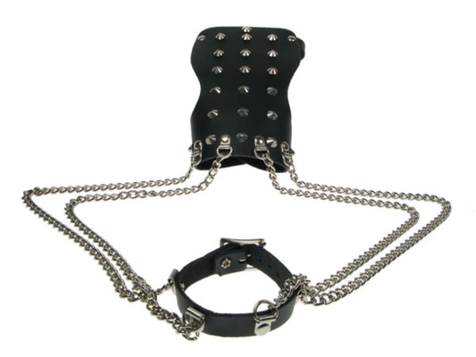 WB367 CONICAL ARM BAND CONNECTED W/ 4 CHAINS TO A WBv - BLACK  Leather Wristband