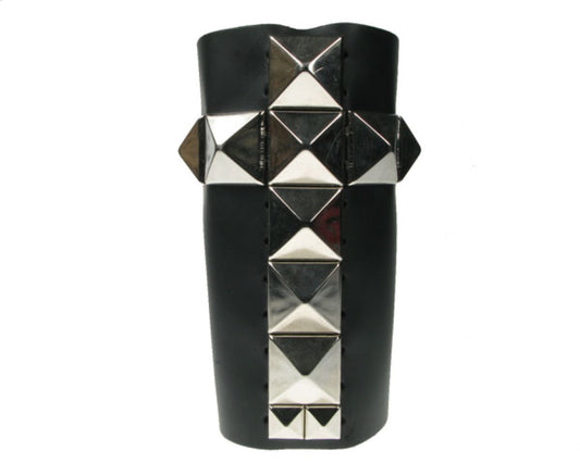 WB376 11 Row Width Large Silver Pyramid Cross and 5/8 Pyramid Leather Wristband