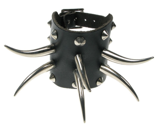 WB383 4 ROW WIDTH, CONICAL AND TUSK ASSORTED Leather Wristband - Black