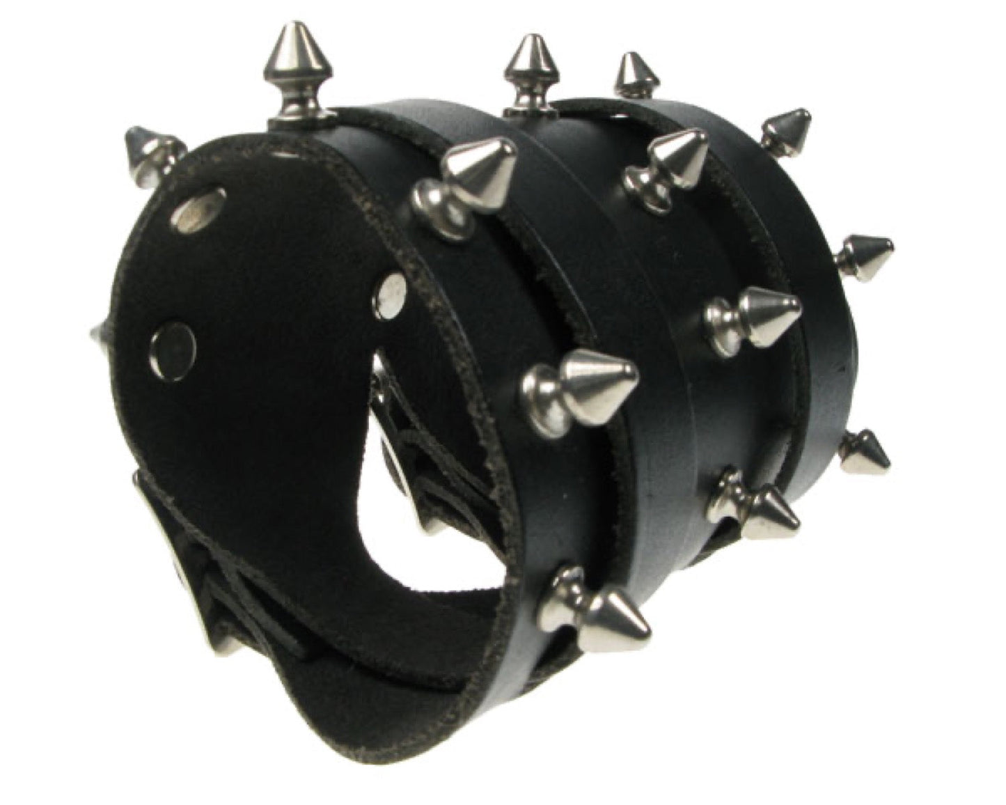 WB386 DOUBLE STRAP WRISTBAND, 100mm 3 ROW SPIKE SPACED OUT Leather Wristband - Black
