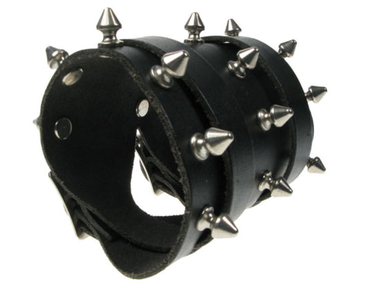 WB386 DOUBLE STRAP WRISTBAND, 100mm 3 ROW SPIKE SPACED OUT Leather Wristband - Black
