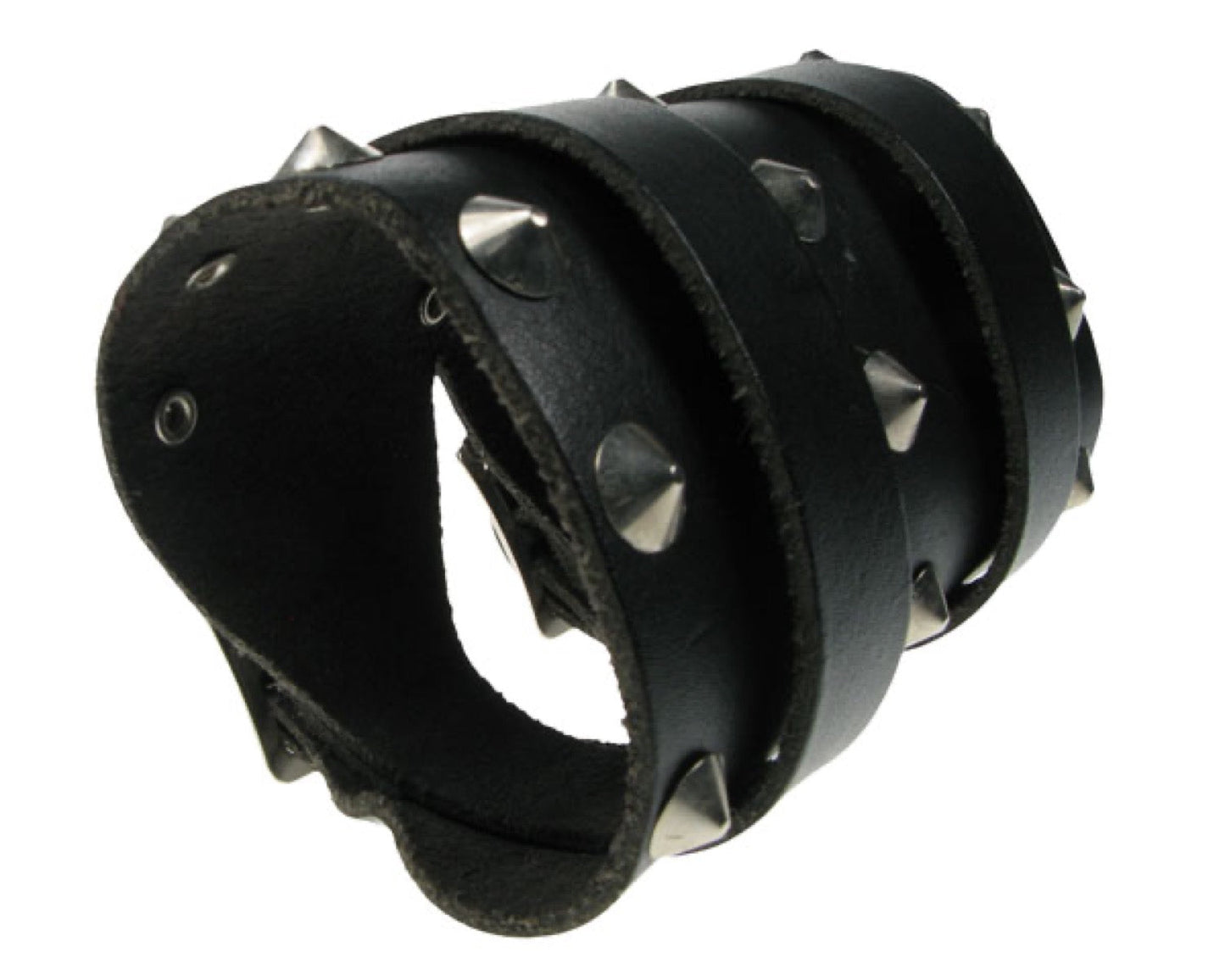 WB387 DOUBLE STRAP WRISTBAND, 100MM 3 ROWS CONICAL SPACED OUT Leather Wristband - Black