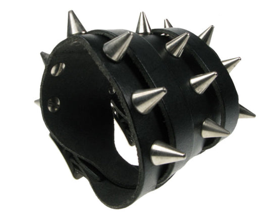 WB389 DOUBLE STRAP WRISTBAND, 100mm 3 ROW CONE SPACED OUT Leather Wristband - Black