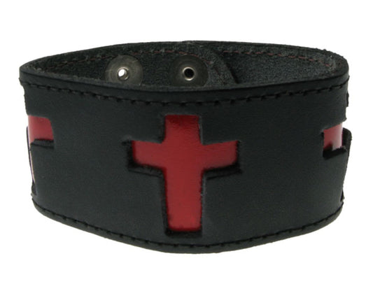 WB392 DOUBLE LAYER WB, 4 CRUCIFIX BUTTONED Leather Wristband - Black