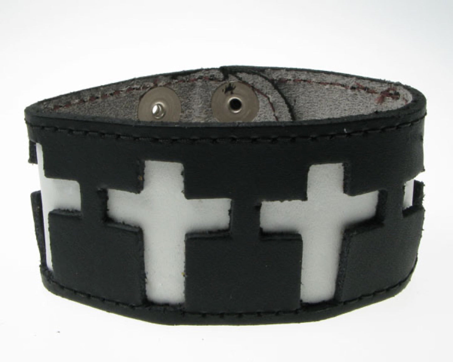 WB393 DOUBLE LAYER WB, 3 CRUCIFIX BUTTONED Leather Wristband - Black  White