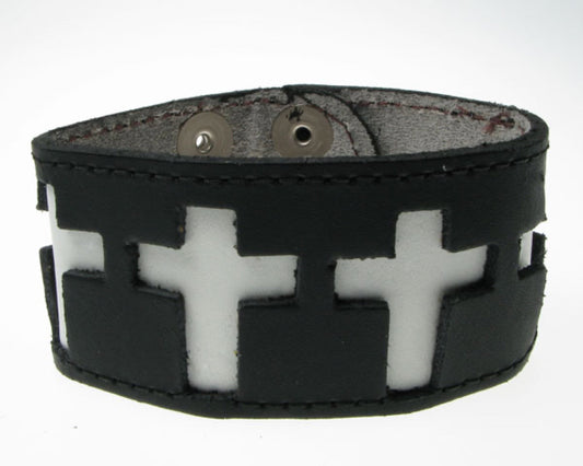 WB393 DOUBLE LAYER WB, 3 CRUCIFIX BUTTONED Leather Wristband - Black  White
