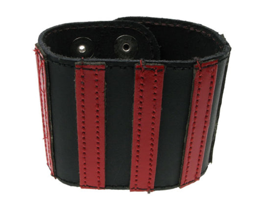 WB395 DOUBLE LAYER WB, RED STRIPS BUTTONED Leather Wristband - Black