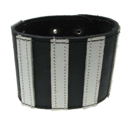WB395b DOUBLE LAYER WB, WHITE STRIPS BUTTONED Leather Wristband - Black