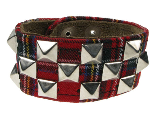 WB399 TARTAN WB, 3 ROW SMALL PYRAMID CHECKERED DESIGN BUTTONED Leather Wristband - Tartan