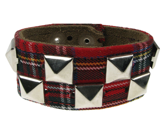WB400 TARTAN WB, 2 ROW PYRAMID DIAGONAL DESIGN BUTTONED Leather Wristband - Tartan