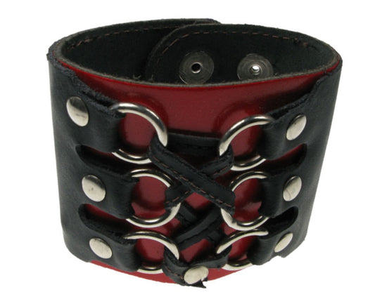 WB401 DOUBLE LAYER WB, 3 SMALL SMALL RING CRISS CROSS BUTTONED Leather Wristband - Red  Black
