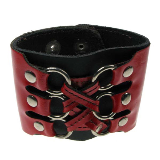 WB401B DOUBLE LAYER WB, 3 SMALL RING CRISS CROSS BUTTONED Leather Wristband - Black  Red