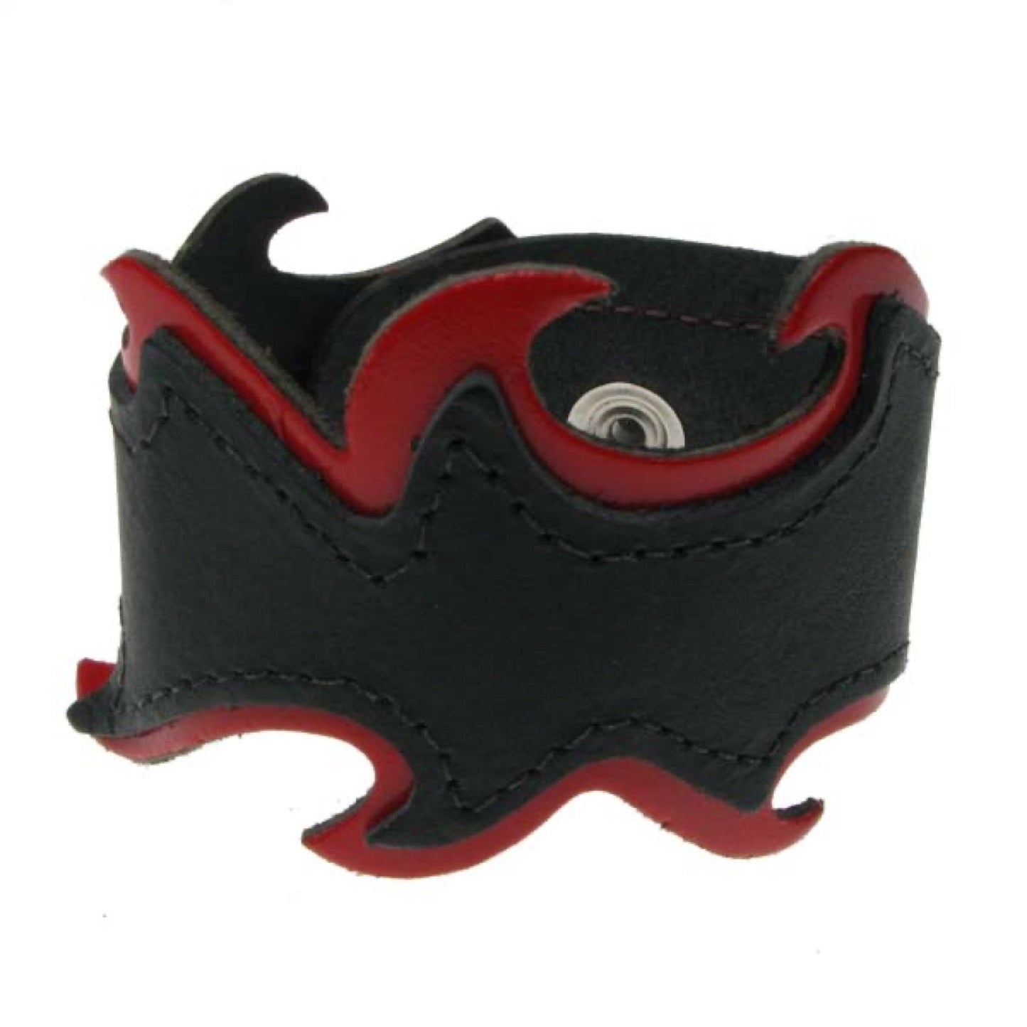 WB402B DOUBLE LAYER WB, FIRE DESIGN BUTTONED Leather Wristband - Black / Red