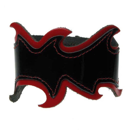 WB402D DOUBLE LAYER WB, FIRE DESIGN BUTTONED Leather Wristband - Black / Red