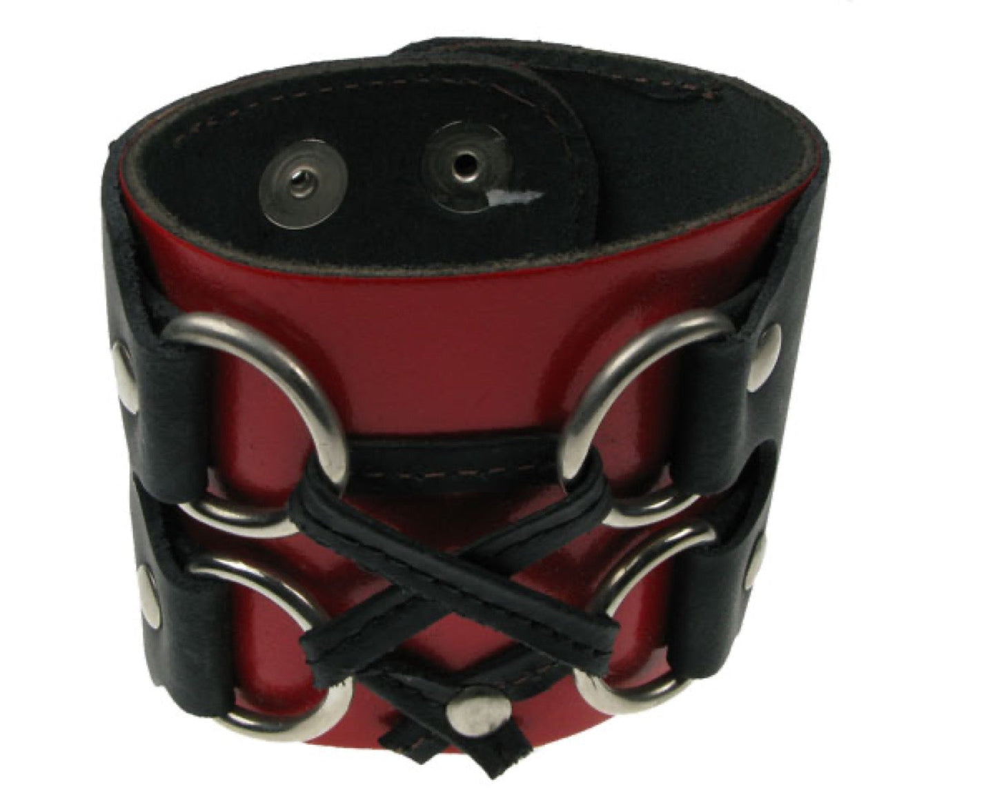 WB403 DOUBLE LAYER WB, 2 EYELET CRISS CROSS BUTTONED Leather Wristband - Red  Black