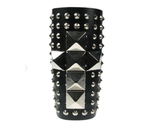 WB409 11 Row Conical with Large Silver Pyramid Leather Gauntlet Leather Wristband