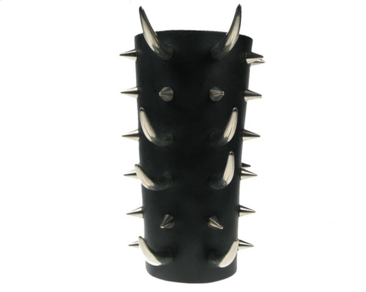 WB410 11 ROW WIDTH CONE SPIKES W ASSORTED SABER TOOTH LEATHER ARMBAND LEATHER GAUNTLET LEATHER WRISTBAND