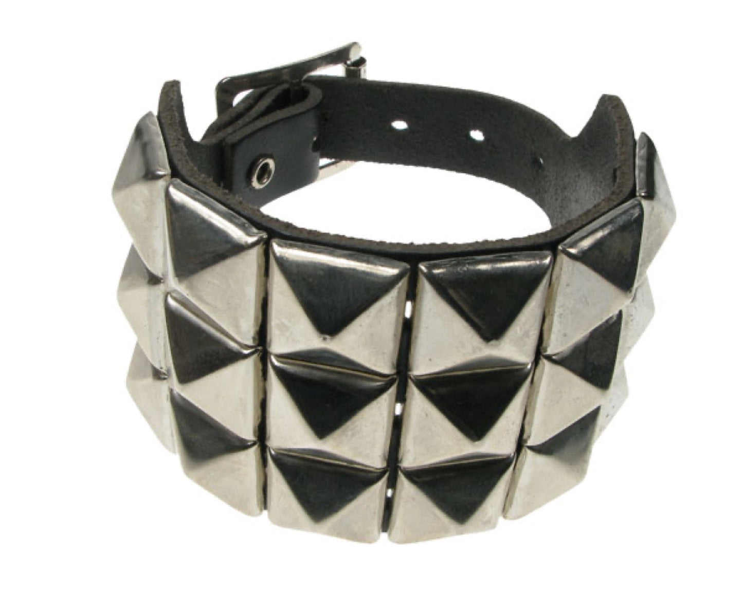 WB416 3 ROW NEW PYRAMID Leather Wristband - Black