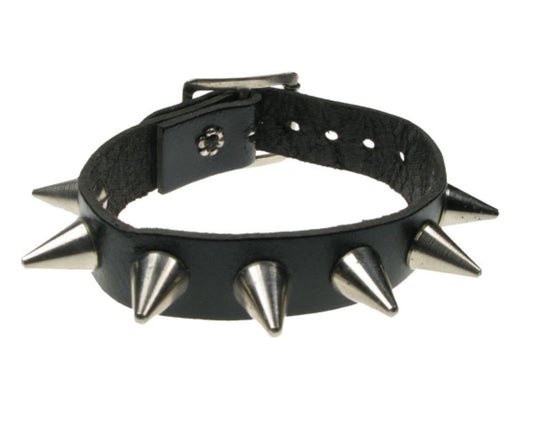 WB421 1 ROW CONE NICKEL SPIKE Leather Wristband - Black