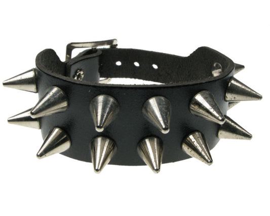 WB422 2 ROW CONE NICKEL  SPIKE Leather Wristband - Black