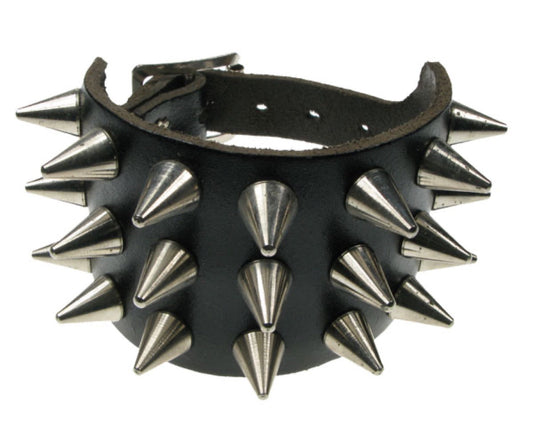 WB423 3 ROW CONE SPIKE Leather Wristband - Black