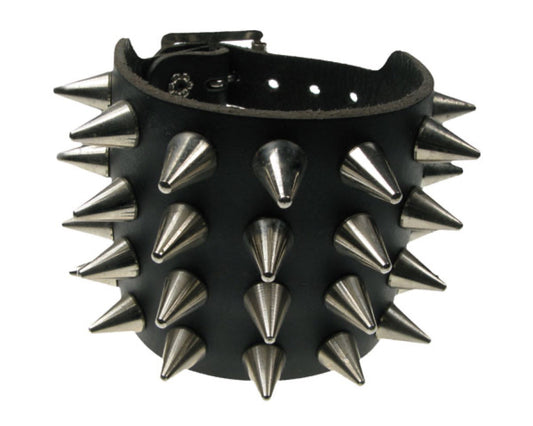 WB424 4 ROW CONE SPIKE Leather Wristband - Black