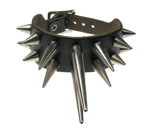 WB426 2 ROW Small, Medium and Large CONE SPIKE Leather Wristband - Black
