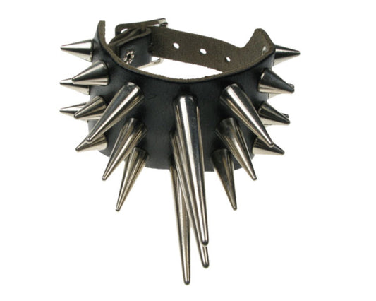 WB427 3 ROW Small, Medium and Large CONE SPIKE Leather Wristband - Black