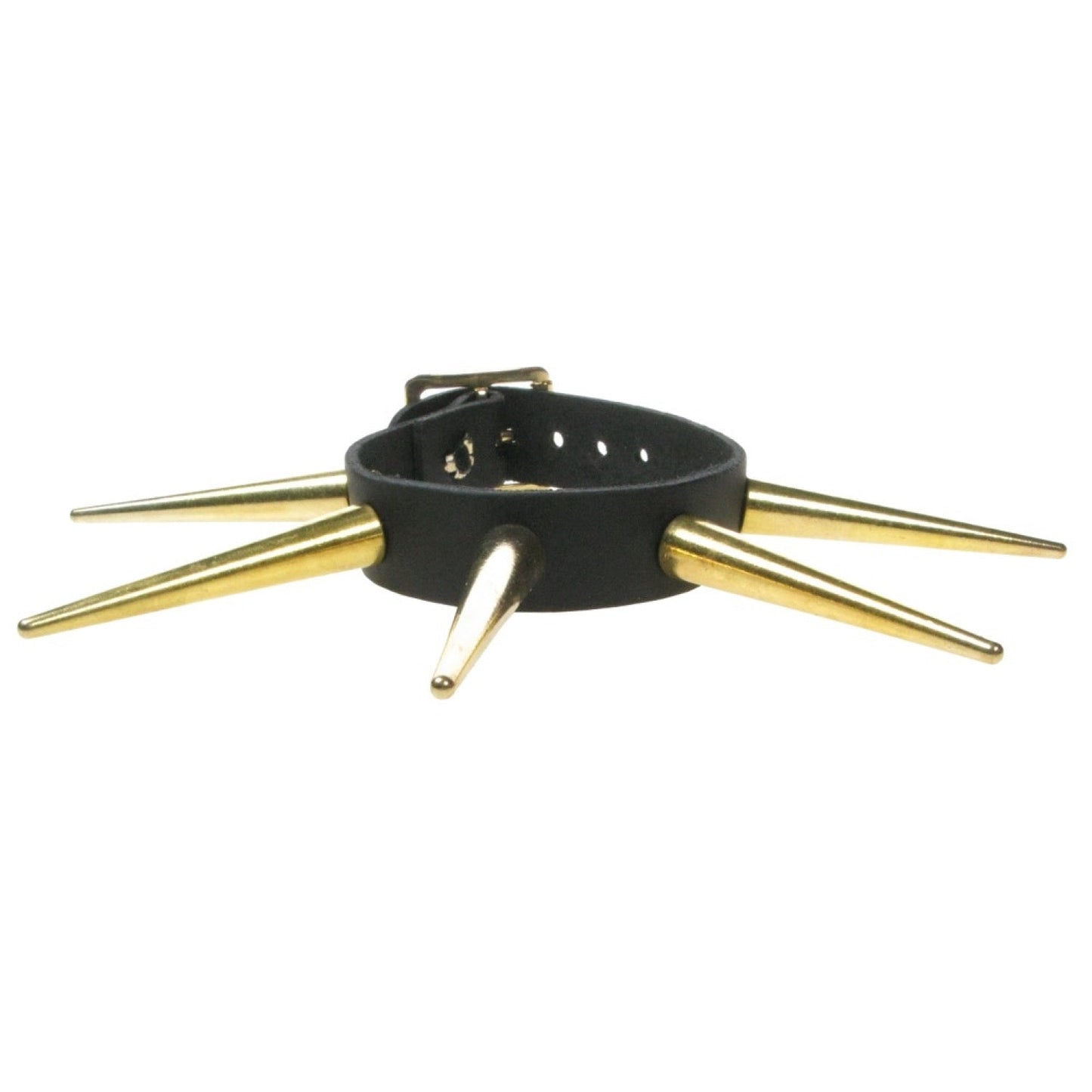 WB429B 1 ROW LARGE GOLD CONE SPIKE LEATHER WRISTBAND  - BLACK