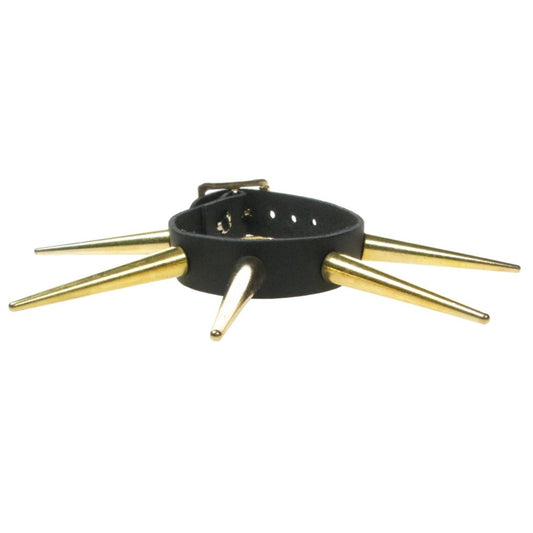 WB429B 1 ROW LARGE GOLD CONE SPIKE LEATHER WRISTBAND  - BLACK