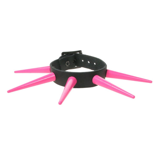 WB429D 1 ROW LARGE PINK CONE SPIKE LEATHER WRISTBAND - BLACK