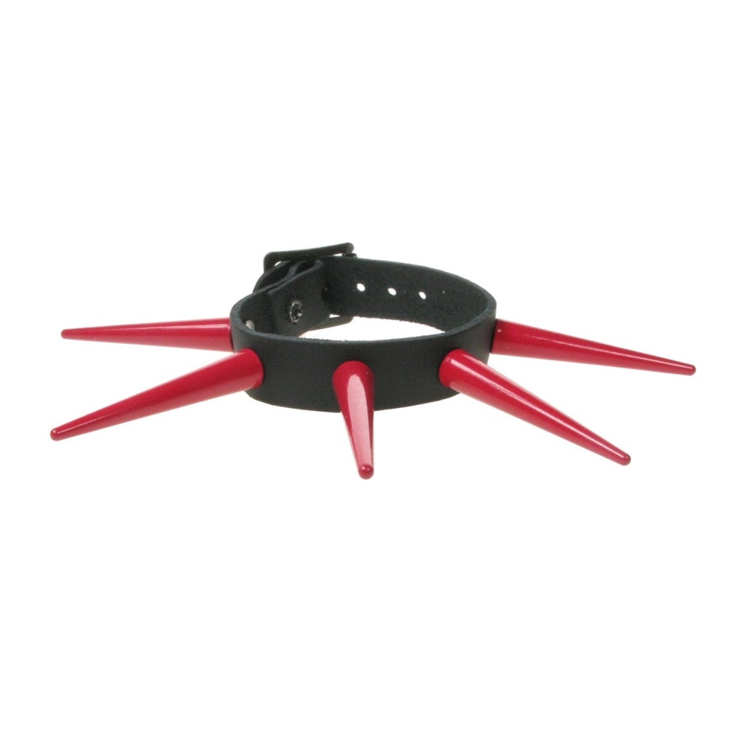 WB429E 1 ROW LARGE RED CONE SPIKE LEATHER WRISTBAND - BLACK
