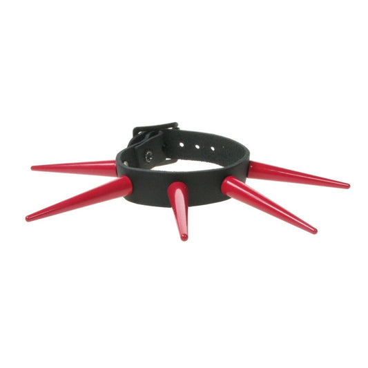 WB429E 1 ROW LARGE RED CONE SPIKE LEATHER WRISTBAND - BLACK