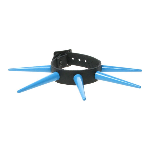 WB429F 1 ROW LARGE BLUE CONE SPIKE LEATHER WRISTBAND - BLACK