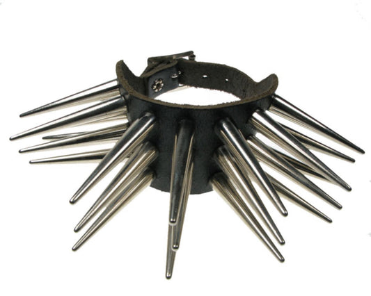 WB430 3 ROW LARGE CONE SPIKE Leather Wristband - Black