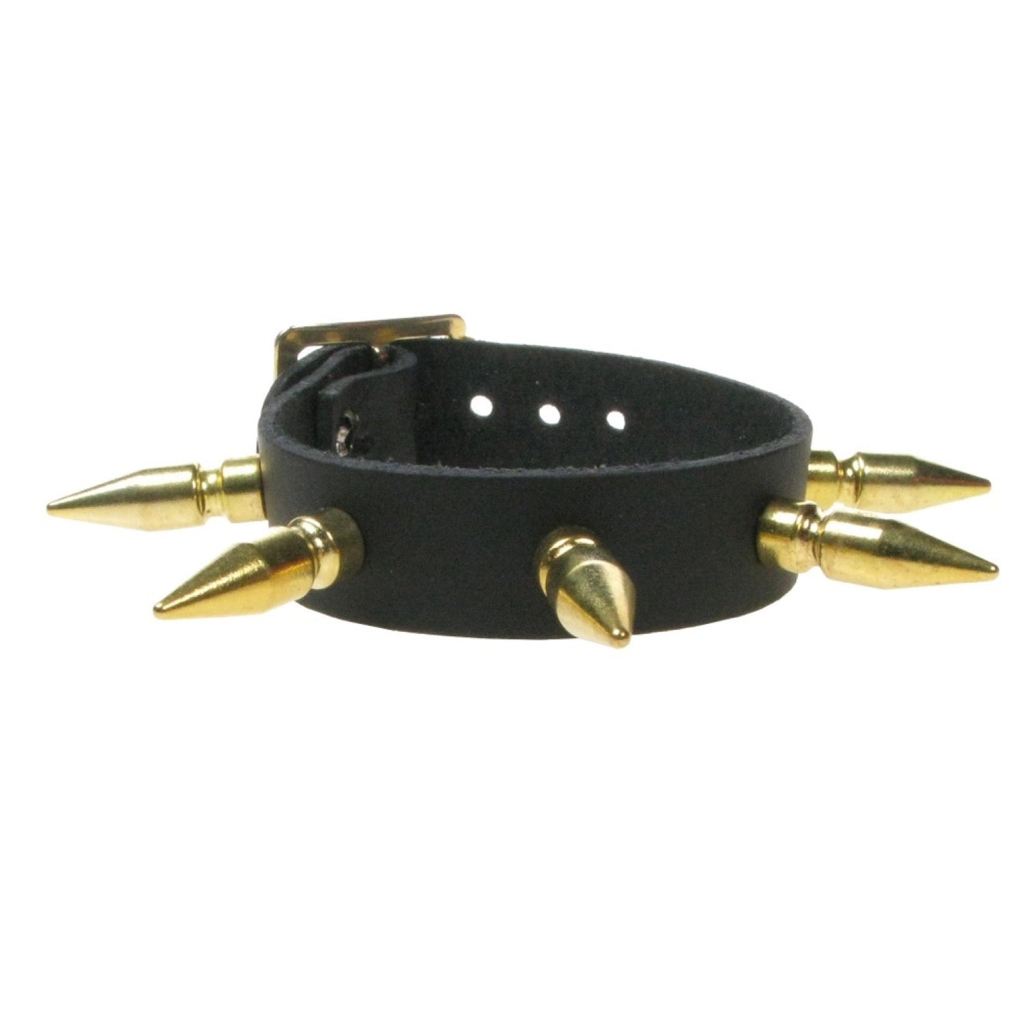 WB437B 1 ROW MEDIUM GOLD SPIKE Leather Wristband - BLACK