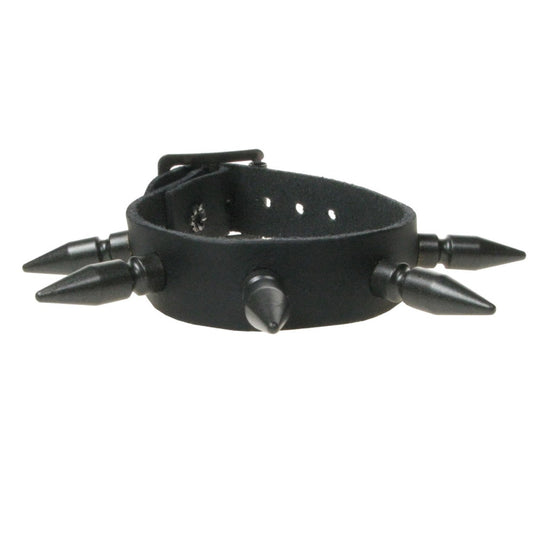 WB437C 1 ROW MEDIUM BLACK SPIKE Leather Wristband - BLACK