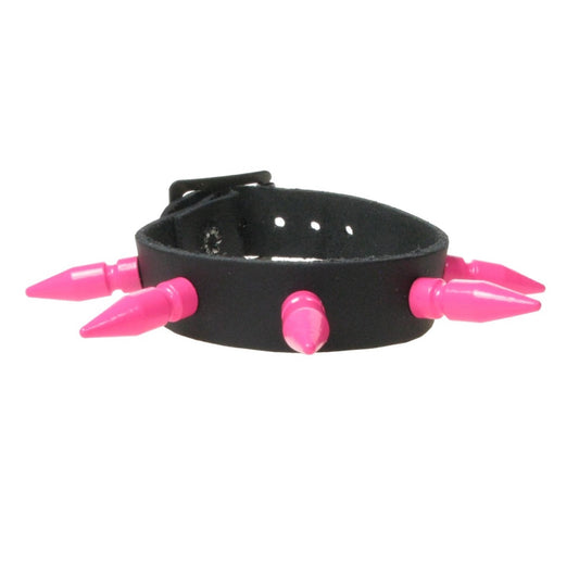 WB437D 1 ROW MEDIUM PINK SPIKE Leather Wristband - BLACK