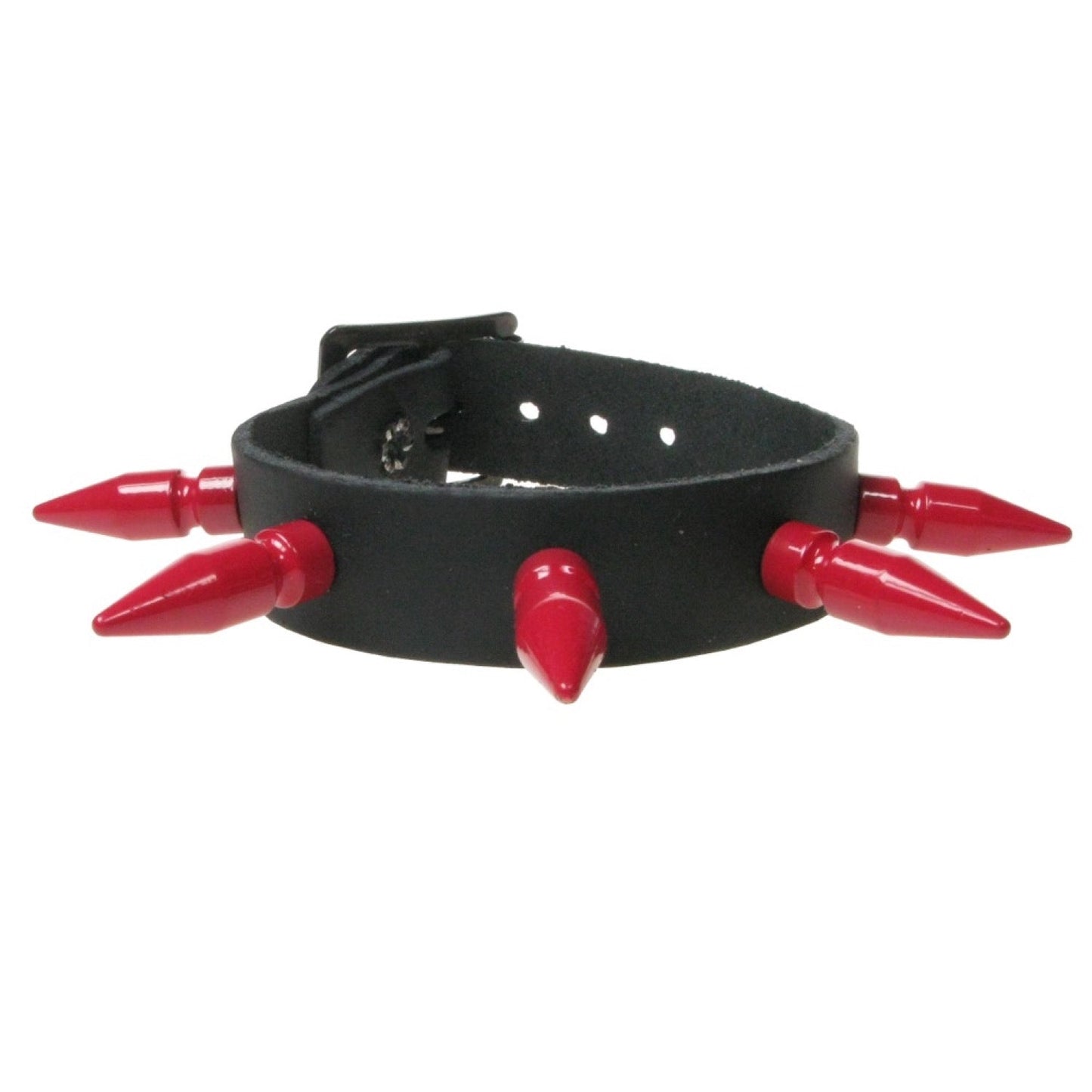 WB437E 1 ROW MEDIUM RED SPIKE Leather Wristband - BLACK