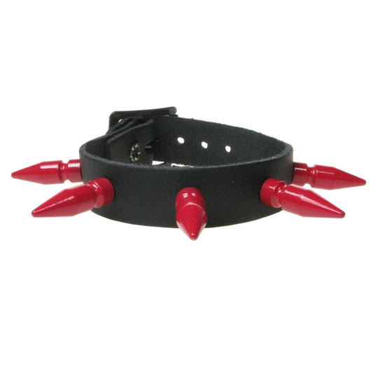 WB437E 1 ROW MEDIUM RED SPIKE Leather Wristband - BLACK