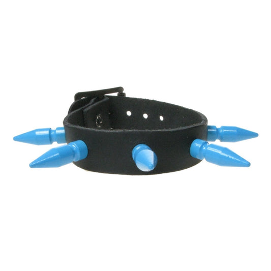 WB437F 1 ROW MEDIUM BLUE SPIKE Leather Wristband - BLACK
