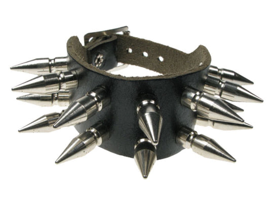 WB438 2 ROW MEDIUM SPIKE Leather Wristband - Black