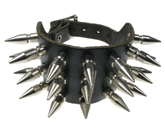 WB439 3 ROW MEDIUM SPIKE Leather Wristband - Black