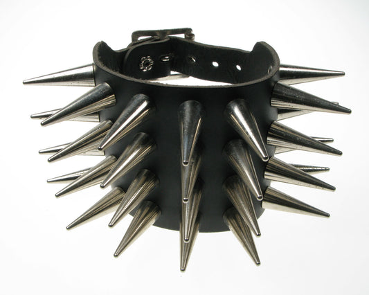 WB446 4 ROW MEDIUM CONE Leather Wristband - Black