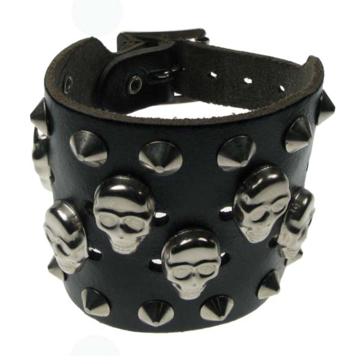 WB451 4 ROW WIDTH CHECK SKULL IN MIDDLE WITH CONICALS Leather Wristband - BLACK